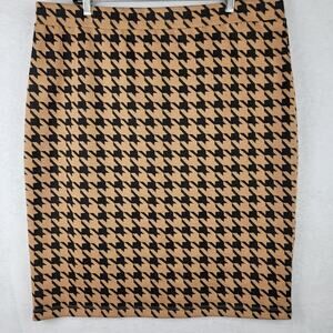 2X Knit Black Tan Houndstooth Pull On Knee Length Career Office Preppy Teacher